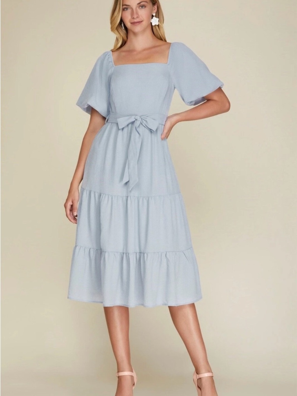 She + Sky Pale Blue Square Neck Tiered Midi Dress with Waist Tie